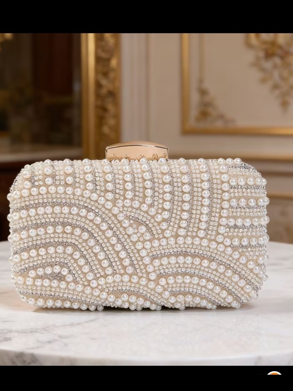 White Pearl-Embellished Evening Clutch with Gold Clasp And Chain
